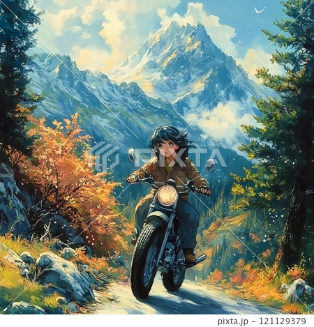 「山道を走る女性ライダー - 自然の中の冒険と自由」 121129379