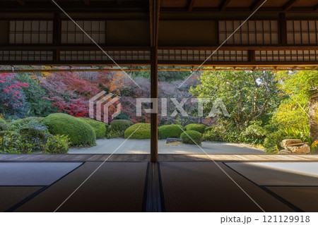 秋の京都　詩仙堂　書院から見る紅葉の庭園 121129918