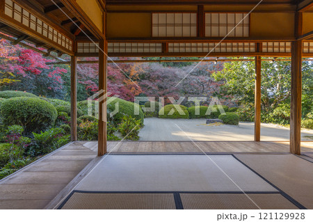 秋の京都　詩仙堂　書院から見る紅葉の庭園 121129928