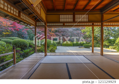 秋の京都　詩仙堂　書院から見る紅葉の庭園 121129929