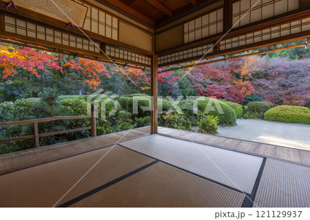 秋の京都　詩仙堂　書院から見る紅葉の庭園 121129937