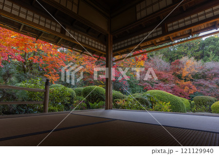 秋の京都　詩仙堂　書院から見る紅葉の庭園 121129940