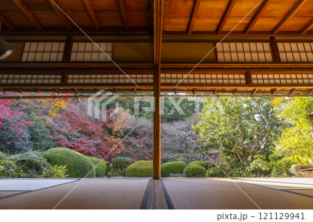 秋の京都　詩仙堂　書院から見る紅葉の庭園 121129941