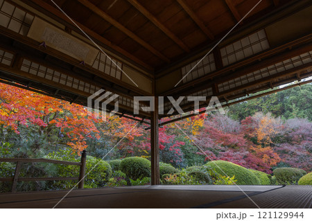 秋の京都　詩仙堂　書院から見る紅葉の庭園 121129944