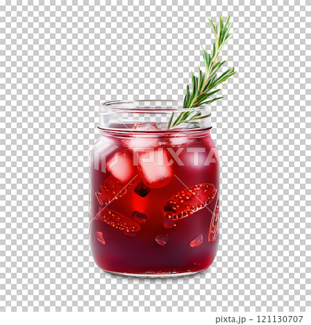 Pomegranate lemonade with floating seeds ice cubes and sprig of rosemary deep red liquid served Pomegranate lemonade with floating seeds ice cubes and sprig of rosemary deep red liquid served 121130707