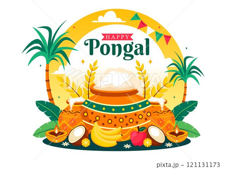 Happy Pongal Vector Illustration of the Traditional Tamil Nadu India Festival Celebration, Featuring Sugarcane and a Plate of Religious Props 121131173