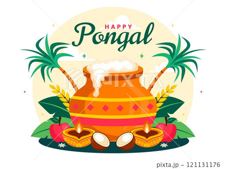 Happy Pongal Vector Illustration of the Traditional Tamil Nadu India Festival Celebration, Featuring Sugarcane and a Plate of Religious Props Happy Pongal Vector Illustration of the Traditional Tamil Nadu India Festival Celebration, Featuring Sugarcane and a Plate of Religious Props 121131176