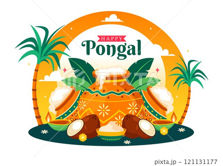 Happy Pongal Vector Illustration of the Traditional Tamil Nadu India Festival Celebration, Featuring Sugarcane and a Plate of Religious Props 121131177