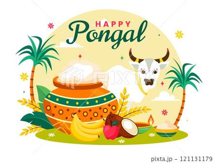 Happy Pongal Vector Illustration of the Traditional Tamil Nadu India Festival Celebration, Featuring Sugarcane and a Plate of Religious Props Happy Pongal Vector Illustration of the Traditional Tamil Nadu India Festival Celebration, Featuring Sugarcane and a Plate of Religious Props 121131179