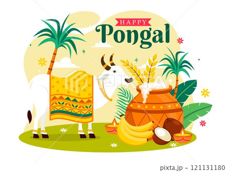 Happy Pongal Vector Illustration of the Traditional Tamil Nadu India Festival Celebration, Featuring Sugarcane and a Plate of Religious Props Happy Pongal Vector Illustration of the Traditional Tamil Nadu India Festival Celebration, Featuring Sugarcane and a Plate of Religious Props 121131180