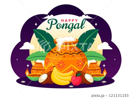Happy Pongal Vector Illustration of the Traditional Tamil Nadu India Festival Celebration, Featuring Sugarcane and a Plate of Religious Props 121131183