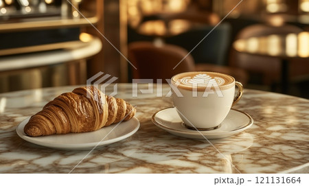 テーブルに置かれたクロワッサンとコーヒー 121131664