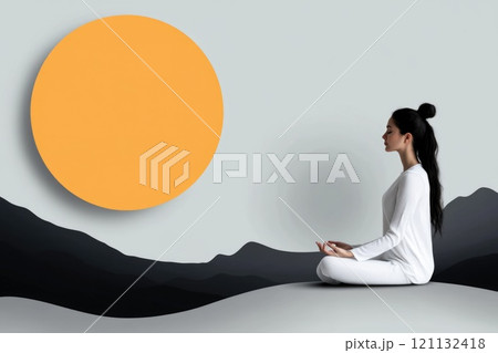 Peaceful focus: young woman in meditation pose sitting gracefully, radiating calmness, serenity, embodying mindfulness, inner harmony, connection with self in tranquil, uninterrupted atmosphere. 121132418