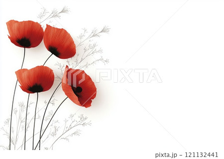 Remembrance banner: design showcasing the poppy symbol for Poppy Day, complete with copy space for heartfelt messages, dedications, importance of the card in remembering and honoring veterans. 121132441