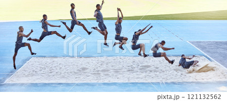 A sequence of a fit male athlete jumping in a sandpit competing in the long jump. Professional athlete or track racer during long or triple jump attempt is a competitive sports event or training 121132562