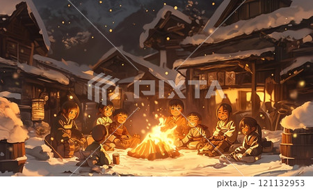 雪の降る夕暮れに焚き火を囲む村の子供たち 121132953