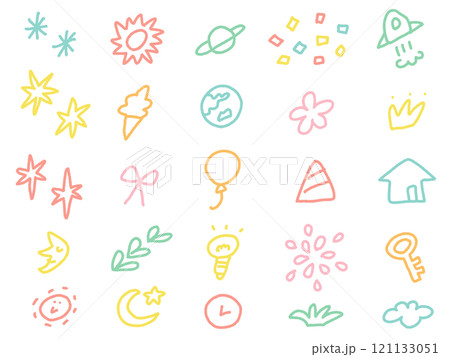 落描き風のキラキラ・月・宇宙・風船・花火の可愛いアイコンセット 121133051