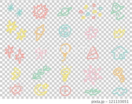 落描き風のキラキラ・月・宇宙・風船・花火の可愛いアイコンセット 121133051