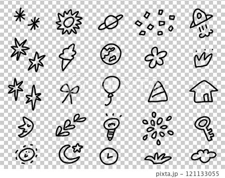 A cute icon set of doodle-style glitter, moon, space, balloons, and fireworks 121133055