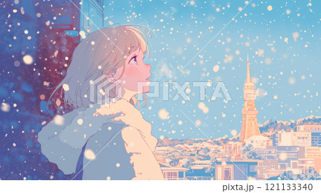 都会に降る雪を見上げる女性 都会に降る雪を見上げる女性 121133340