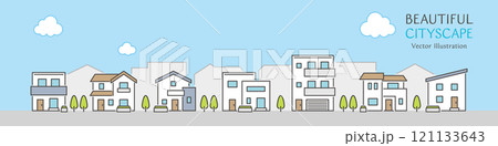 シンプルなデザインの住宅が並ぶ、青空が広がる街並みのベクターイラスト 121133643