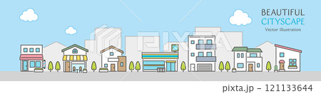 シンプルなデザインのお店や住宅が並ぶ、青空が広がる街並みのベクターイラスト 121133644