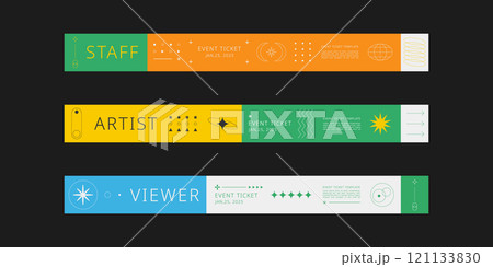 Event wristband. Customizable event wristband template. Design for festival, concert, party, and corporate events. Features a clean, modern layout with vibrant colors and space for logos or text.  121133830