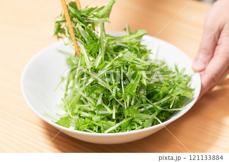 水菜に塩胡椒をして混ぜているところ (写真素材) 水菜に塩胡椒をして混ぜているところ (写真素材) 121133884