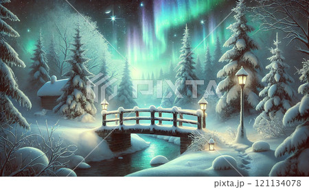 幻想的な冬の森|オーロラとランタンが灯る静寂の雪景色 幻想的な冬の森|オーロラとランタンが灯る静寂の雪景色 121134078
