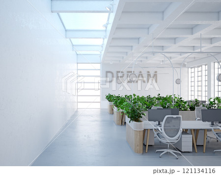Sleek, modern office space with natural light and greenery. 121134116