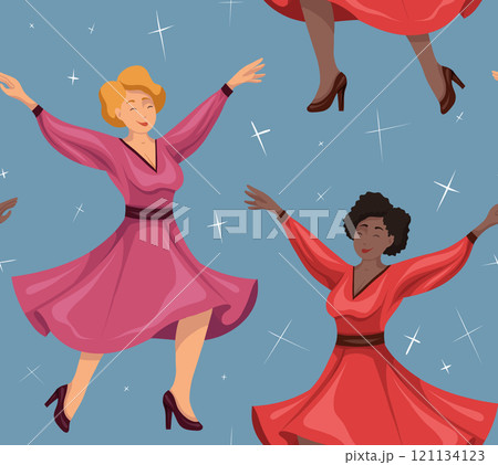 Vector seamless pattern with happy dancing women in red dress on blue background. Texture with professional dancer. Active lifestyle Vector seamless pattern with happy dancing women in red dress on blue background. Texture with professional dancer. Active lifestyle 121134123