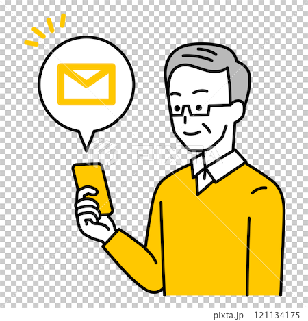 スマートフォンにメールが届く年配の男性 スマートフォンにメールが届く年配の男性 121134175