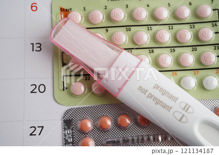 Pregnancy test with birth control pills for female of ovulation day, fetus, maternity, childbirth. 121134187