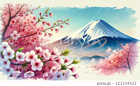 水彩風の美しい富士山と桜のイラストのイラスト素材 [121134522] - PIXTA