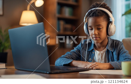 School child studying homework during online lesson at home by laptop with headphones, online education and tutoring concept. close up of school boy. AI 121134624