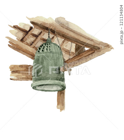 水彩で描いた鐘のある風景【手描きイラスト】白バック 透過背景 コピースペースあり 水彩で描いた鐘のある風景【手描きイラスト】白バック 透過背景 コピースペースあり 121134804