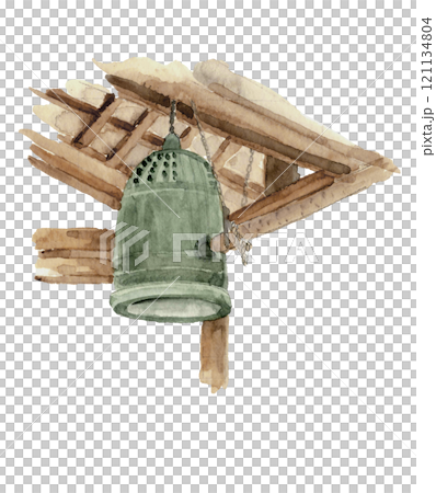 水彩畫鈴鐺的風景[手繪插畫]白色背景，透明背景，可用複製空間 121134804
