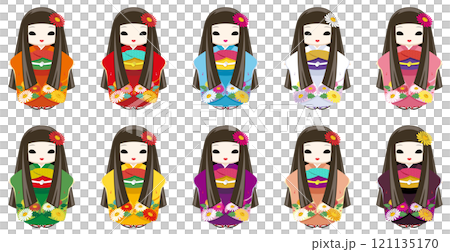 一組彩色插畫，身穿和服的日本大菊娃娃，膚色蒼白，眼睛略顯恐怖，長髮。 121135170