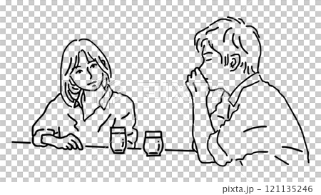 Line drawing of a man and woman talking in front of a drink 121135246