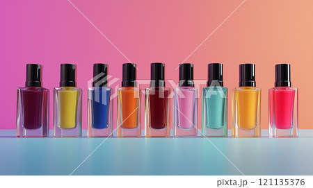 整列したカラフルなネイル容器の背景素材 121135376