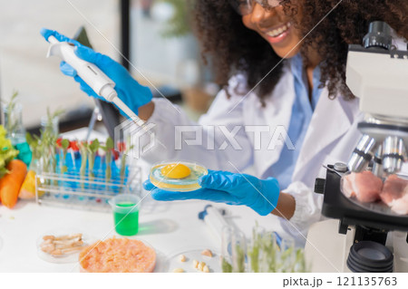 Microbiologist Working on Molecule Samples in Modern Food Science Laboratory, concentration of chemical residues. hazards, standard, find prohibited substances, contaminate. 121135763