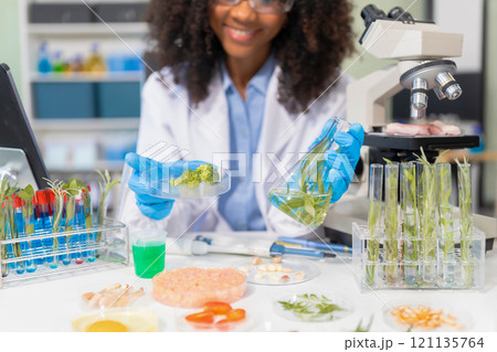 Microbiologist Working on Molecule Samples in Modern Food Science Laboratory, concentration of chemical residues. hazards, standard, find prohibited substances, contaminate. 121135764