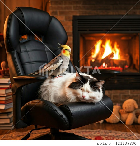 暖炉の前でくつろぐ猫とオカメインコ 121135830