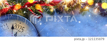 Countdown to midnight. Retro style clock counting last moments before Christmas or New Year 2025 next to decorated fir tree on snow. View from above. 121135879