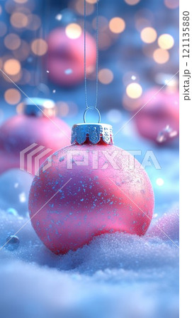 A beautifully crafted pink ornament hangs delicately, glimmering amid a blanket of soft snow. The 121135880