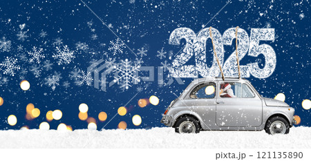 Christmas is coming. Santa Claus on toy car delivering New Year 2025 gifts and countdown clock at blue background with fireworks Christmas is coming. Santa Claus on toy car delivering New Year 2025 gifts and countdown clock at blue background with fireworks 121135890