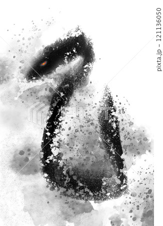 書画、水墨画で描かれた赤い目と黒い体の蛇の荒々しい縦書きの年賀状イラスト 121136050