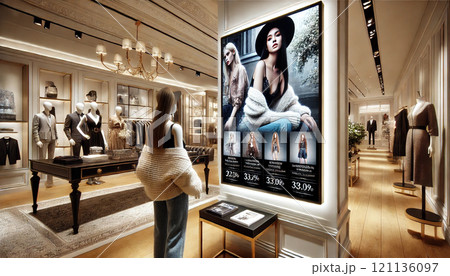アパレルショップに設置されたデジタルサイネージ アパレルショップに設置されたデジタルサイネージ 121136097