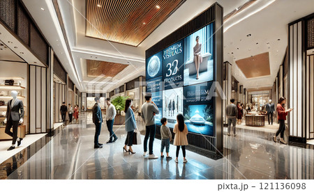 ショッピングモールに設置されたデジタルサイネージ ショッピングモールに設置されたデジタルサイネージ 121136098