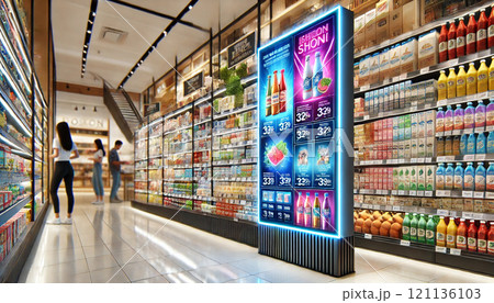 スーパーマーケットに設置されたデジタルサイネージ スーパーマーケットに設置されたデジタルサイネージ 121136103